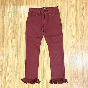 Fun ankle length fringe Just Black Denim in gorgeous burgundy.